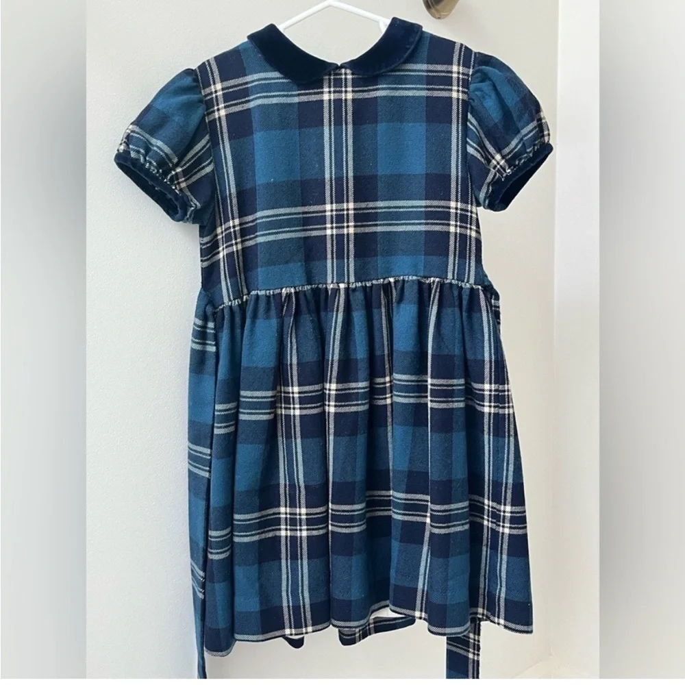 Papo d’Anjo girls’ blue navy wool plaid classic heirloom dress 8